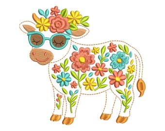 May include: A white cow with a floral crown and blue sunglasses. The cow is covered in colorful flowers and leaves.