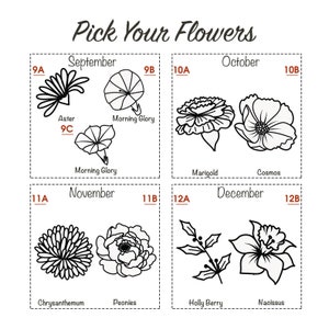 Op de afbeelding: Een grafiek met zwart-wit illustraties van bloemen, georganiseerd per maand. De maanden zijn september, oktober, november en december. De bloemen zijn aster, ochtendglorie, goudsbloem, kosmos, chrysant, pioenroos, hulst en narcis.