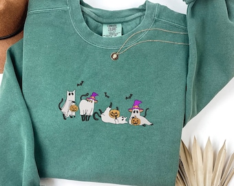 Sweat-shirt d'Halloween brodé avec chat fantôme, couleurs confortables, chats fantômes, col rond brodé avec chat fantôme, chauves-souris et chats fantômes, fabriqué aux États-Unis