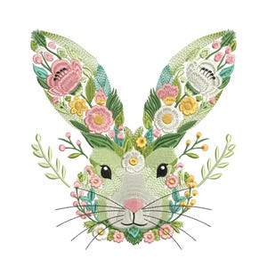 Floral Bunny Embroidery Design, Bunny Machine Embroidery Design, Bunny Pattern File, Rabbit Embroidery Design, Instant Download 7 sizes