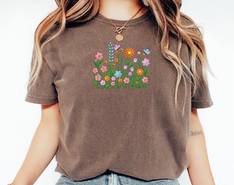 Boho Floral Shirt Embroidered Wildflower Comfort Colors T-Shirt, Floral Tee, Cottagecore Summer Shirt, Boho Aesthetic,  MADE IN USA