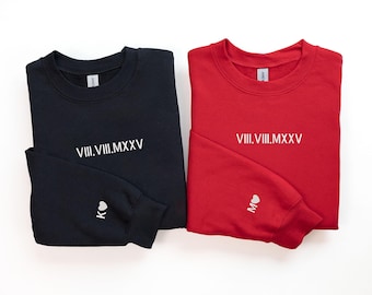 Customised Embroidered Couple Hoodie, Roman Numerals Sweatshirt Anniversary Date, Wedding Date, Valentines Day Matching Couples Sweatshirt