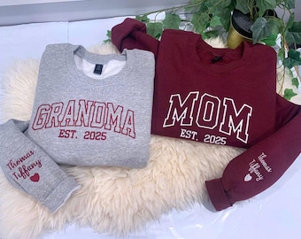 Custom Embroidered Mama Sweatshirt Hoodie Personalized Mama Hoodie with Names on Sleeve, Gift For New Mom Mama Est Year Shirt, MADE IN USA
