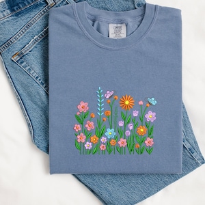 Comfort Colors Tee Wildflower Embroidered Shirt, Floral Embroidered Tee, Cottagecore Spring Shirt, Gift for Her, Boho Aesthetic MADE IN USA