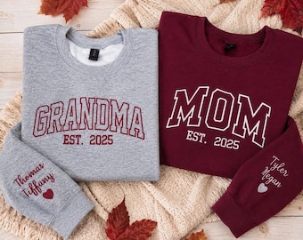 Custom Embroidered Mama Sweatshirt, Est Year, Name on Sleeve, USA Made