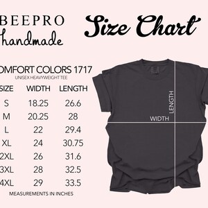 May include: Size chart for a unisex heavyweight t-shirt. The chart shows the width and length measurements in inches for sizes S through 4XL.
