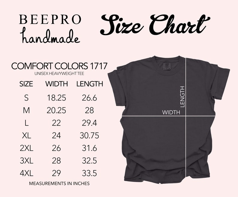 May include: Size chart for a unisex heavyweight t-shirt. The chart shows the width and length measurements in inches for sizes S through 4XL.