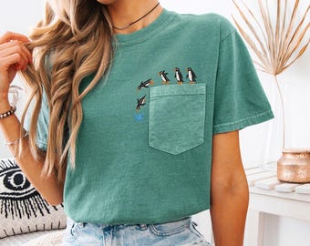 Penguin Embroidered Pocket Tee Comfort Colors Summer Shirt  Penguin Diving Shirt Funny Ocean Animal Shirt Gift for Nature Lover MADE IN USA