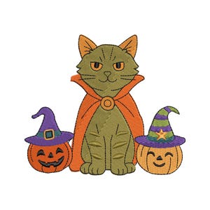 Halloween Cat Embroidery Design, Witch Hat Pumpkins & Cloak Cat, 5 Sizes, Digital Download, Halloween Design 2025 NEW ARRIVAL