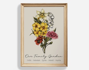 Family Flower Bouquet, Birth Month Flower Art, CUSTOM Personalized Gift For Mom Christmas Gift for Grandma, Gift for Sister Digital Download