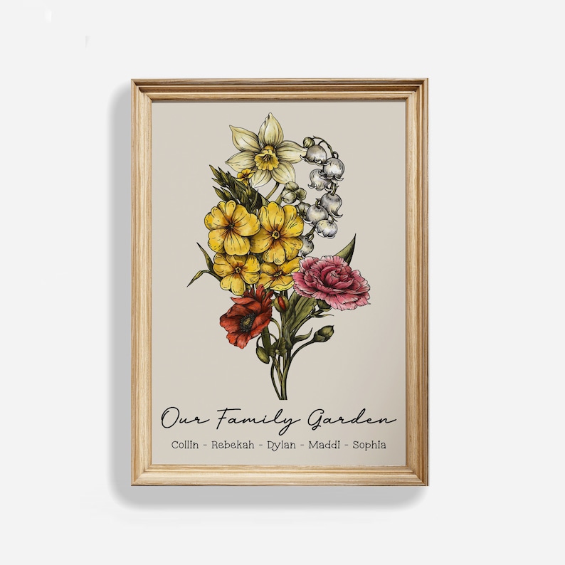 May include: A framed print featuring a floral bouquet of yellow daffodils, white lilies of the valley, yellow primroses, red poppies, and pink carnations. The print includes the text "Our Family Garden" and the names "Collin - Rebekah - Dylan - Maddi - Sophia".