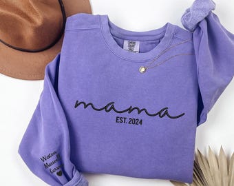 Custom Mama Embroidered Sweatshirt, Kids Name On Sleeve, Personalized Grandma Embroidered Sweatshirt, Pregnancy Announcement, MADE IN USA