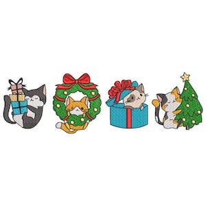 Christmas Cats Embroidery Designs, Cute Cat Embroidery Design, Funny Cat Embroidery File, 4 sizes, Digital Download
