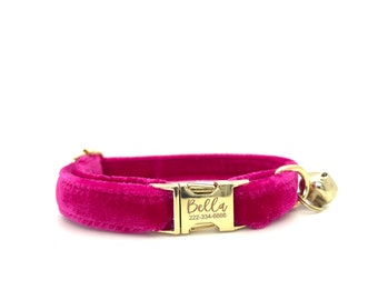 Kattenhalsband Gepersonaliseerd cadeau voor kattenhalsband Fluwelen roze halsband voor kattenhalsband met bel Kattenhalsband Breakaway, snelsluiting, 28 KLEUR