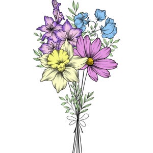 Custom Birth Flower, Family Birth Month Tattoo Design, Up to 15 Flowers, Flower Bouquet Print, Floral Tattoo Design Digital Download
