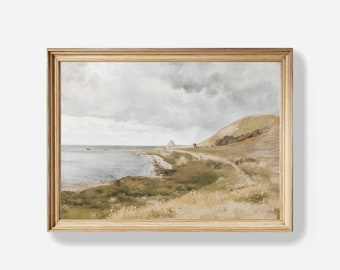 Vintage Seaside Landscape Painting, Moody Vintage Coastal Oil Painting, Rustic Antique Cloudy Sky Wall Art Print, Ocean Lake House Decor B71