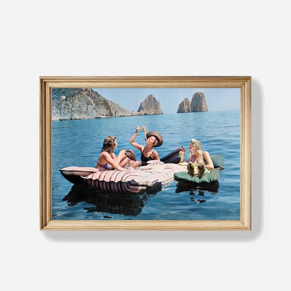 Women Eating Pasta On Water, Eating Spaghetti on Lake Print, Vintage Wall Art, Funny Wall Art, Ocean Wall Decor, Digital Download, D