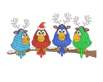 Christmas Bird Embroidery Design, Holiday Birds on a Tree Branch, Bird Santa Embroidery File, Birth Reindeer Embroidery, Snow Embroidery