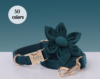 Teal Personalized Dog Collar with Bow and Leash  Custom Engraved Pet Name Metal Buckle, Birthday Puppy Gift, Pet Accessories, 50 COLOR