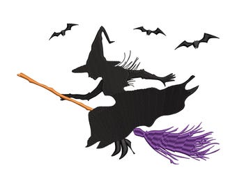 Halloween heks borduurontwerp, Witchy borduurbestand, trendy borduurontwerp voor Halloween, heks op een bezemsteel met vleermuizen