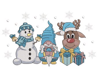 May include: Embroidered design featuring a snowman, a gnome, and a reindeer, all wearing blue winter attire. The snowman has a blue scarf and hat, the gnome has a tall blue hat, and the reindeer wears a blue hat and scarf. Presents are included.