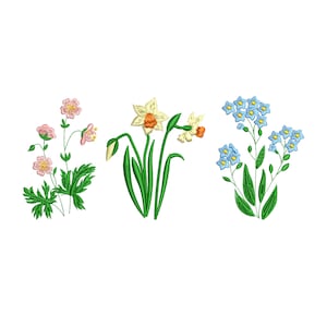 May include: Embroidered floral designs featuring pink, yellow, and blue flowers with green stems and leaves. The flowers include a cluster of pink blooms, daffodils, and forget-me-nots, all set against a white background.