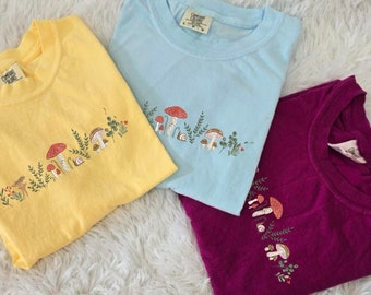 Comfort Colors Mushroom Tshirt Embroidered Custom, Vintage Tshirt Embroidered, Summer Tshirt, Gift for Her, Gift for Mom, MADE IN USA