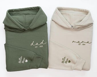 Dad Embroidered Sweatshirt, Custom Mama Shirt With Names, Heart On Sleeve, Daddy Est Year Hoodie, Gift For New Dad, Mother's Day Gift
