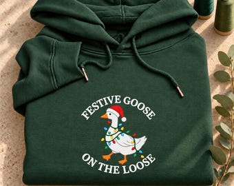 Funny Christmas Goose Sweatshirt, Embroidered Santa Goose Hoodie, Cute Holiday Animal Shirt, Festive Winter Crewneck, Goose Lover Gift