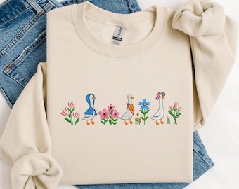 Embroidered Sweatshirt Funny Goose Shirt, Spring Floral Sweater or Hoodie, Funny Cozy Crewneck, MADE IN USA