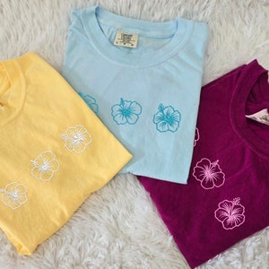 Embroidered Hibiscus Comfort Colors Tshirt Custom, Tropical Tee Personalized Shirt Embroidered Hawaii Shirt, Beach Shirt Summer MADE IN USA