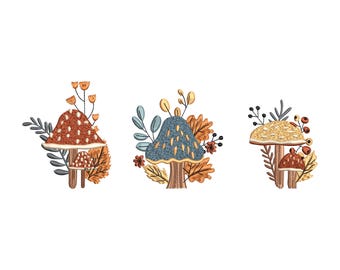 Mushroom and Wildflower Embroidery Design, Embroidery Autumn with mushroom, Colorful leaves Berries Thanksgiving Embroidery Digital Download