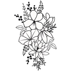 Op de afbeelding: Zwart-witte lijntekening van een bloemenboeket met verschillende bloemen en bladeren.