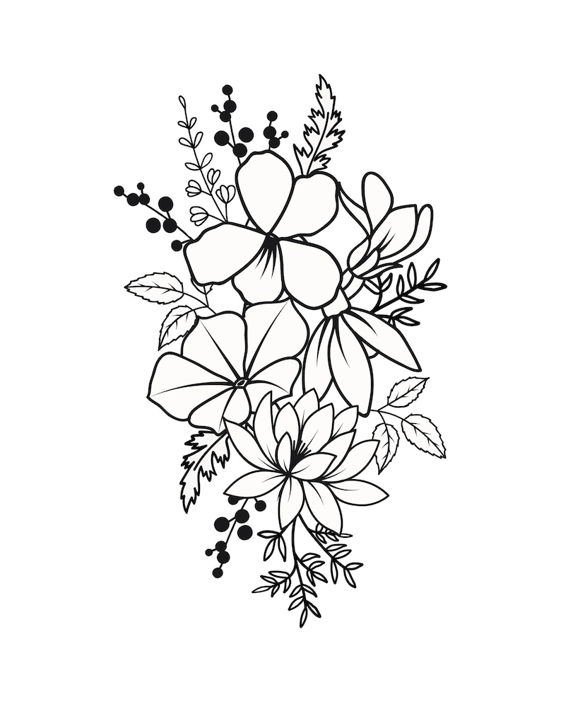 Op de afbeelding: Zwart-witte lijntekening van een bloemenboeket met verschillende bloemen en bladeren.