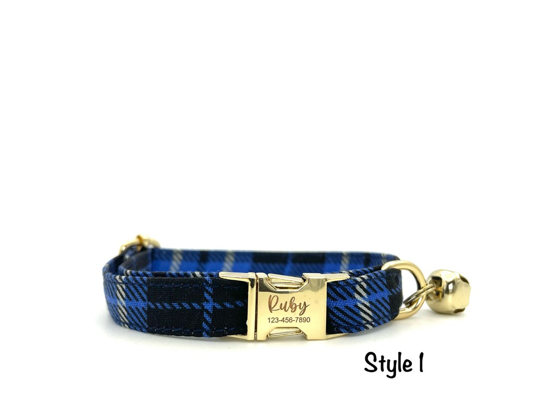 Cat Collar Personalised, Blue Plaid Cat Collar, Laser Engraved Metal Buckle Collar Nonbreakaway