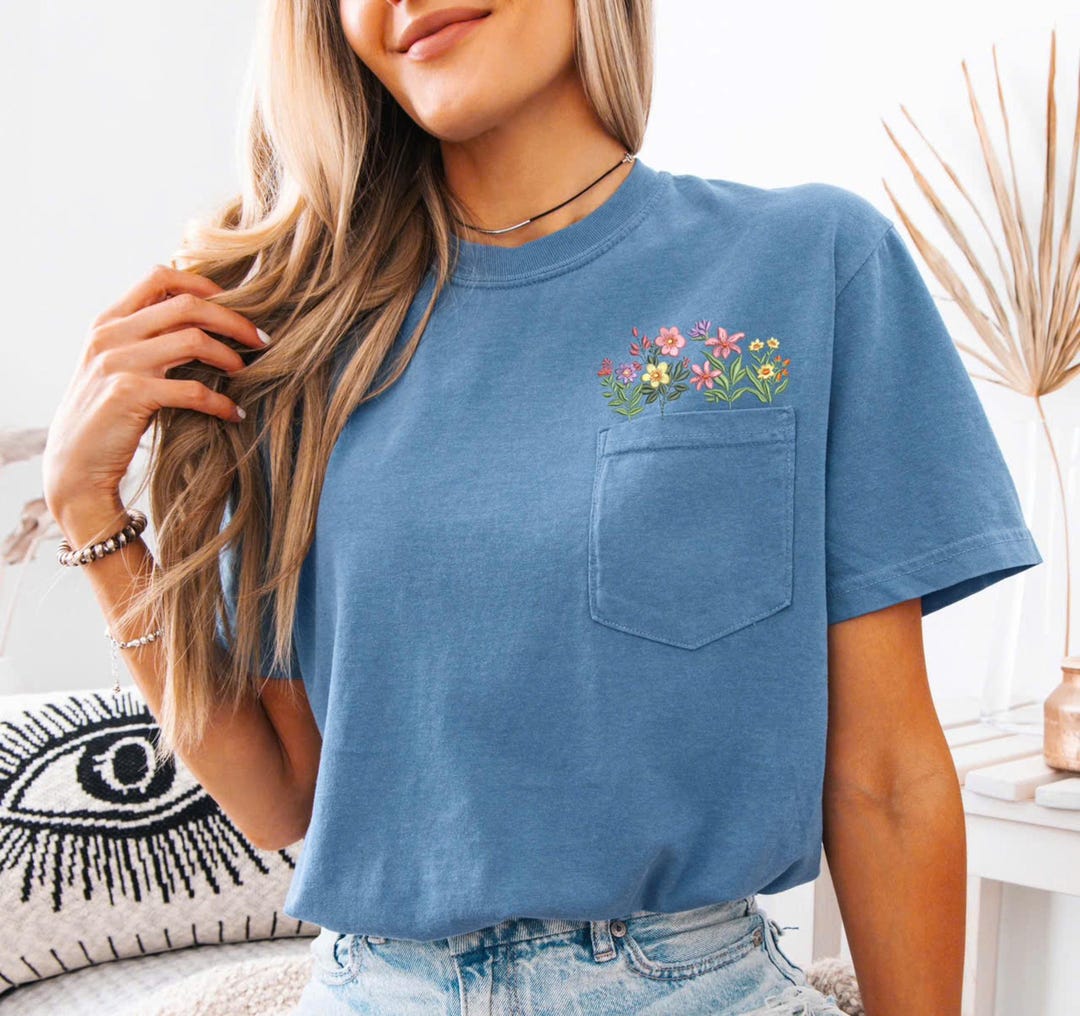 Embroidered Wildflower Tshirt With Pocket Comfort Colors, MADE IN USA ...