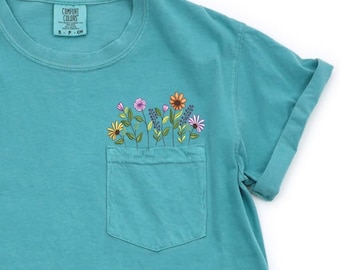Embroidered Wildflower Pocket Tshirt Comfort Colors Crewneck