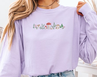Mushroom Forest Embroidered Shirt, Nature Lover Gift,  Whimsical Forest Tee, Comfort Colors T-shirt or Lightweight Long Sleeve, MADE IN USA