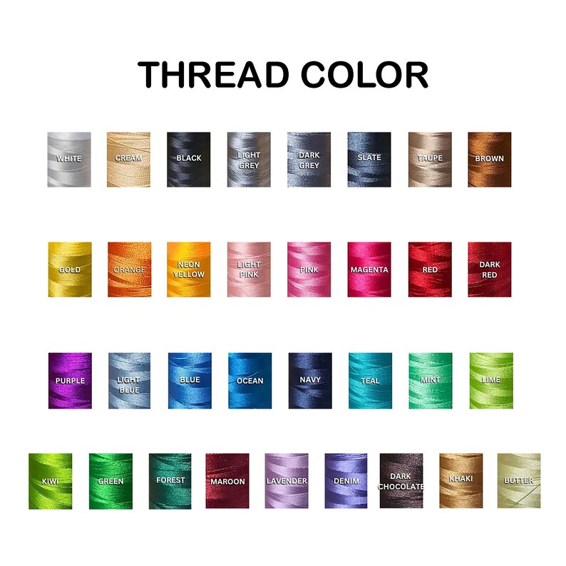 May include: A chart showing 36 different thread colors for embroidery. The colors are arranged in four rows of nine colors each. The colors include white, cream, black, light grey, dark grey, slate, taupe, brown, gold, orange, neon yellow, light pink, pink, magenta, red, dark red, purple, light blue, blue, ocean, navy, teal, mint, lime, kiwi, green, forest, maroon, lavender, denim, dark chocolate, khaki, and butter.
