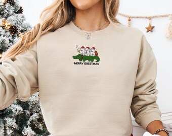 Merry Questmas Sweatshirt, Christmas Animal Embroidered Crewneck, Pig Riding Alligator Hoodie, Funny Holiday Gift