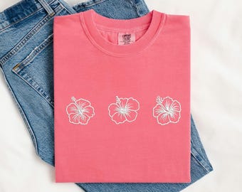 Embroidered Hibiscus Comfort Colors T-Shirt – Custom Tropical Tee, Personalized Hawaii Shirt, Beach Shirt, Summer Vibes – MADE IN USA