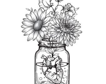 Custom Birth Flower with Heart In Glass Jar, Hand Drawn Sketch Style Drawing Tattoo Design, Family Birth Month Tattoo Design Floral Tattoo
