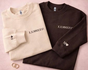 Custom Embroidered Roman Numeral Hoodie, Couple Shirt Initial On Sleeve, Anniversary Year, Personalized Date Sweatshirt Valentine's Day Gift