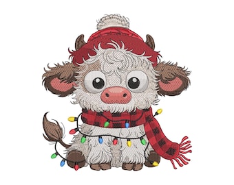 Kerst borduurontwerpen hooglandkoe, borduurontwerp baby hooglandkoe kerstverlichting, borduurbestand boerderijdieren, 5 maten