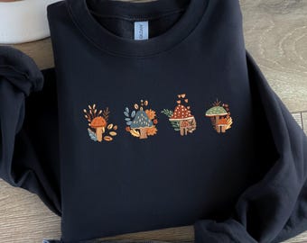 Fall Sweatshirt Embroidered, Mushroom Embroidered Sweater, Fall Forest Mushroom Shirt, Cozy Autumn Embroidery Crewneck –Made In USA