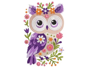 Owl Embroidery Design, Floral Owl Machine Embroidery Design, Bird Embroidery Design, Floral Embroidery File, Instant Download, 7 Sizes