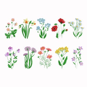 10 Mini Flowers Machine Embroidery Designs Set of 10, Mini Floral Designs, Wildflower Meadow Botanical, Boho Embroidery, 6 Sizes