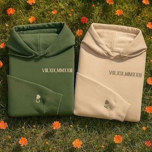 Custom Roman Numeral Hoodie or Sweatshirt Couples Gift Personalized Date Initial On Sleeve Engagements Anniversaries Bachelorette&#39;s Wedding