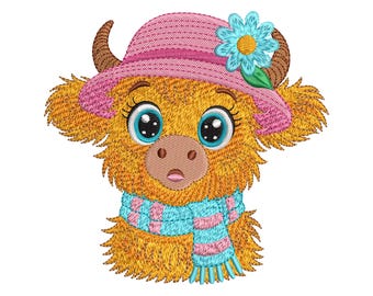 Borduurontwerp Schotse hooglander baby | Leuk meisje cadeau borduurbestand | Borduurwerk boerderijdieren | 7 maten | Direct downloaden