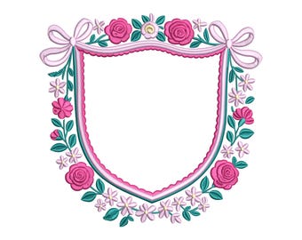 Preppy Crest Frame Embroidery Design Crest Grandmillennial Embroidery File Coquette Bow Monogram Frame Floral Wedding Crest Frame Embroidery